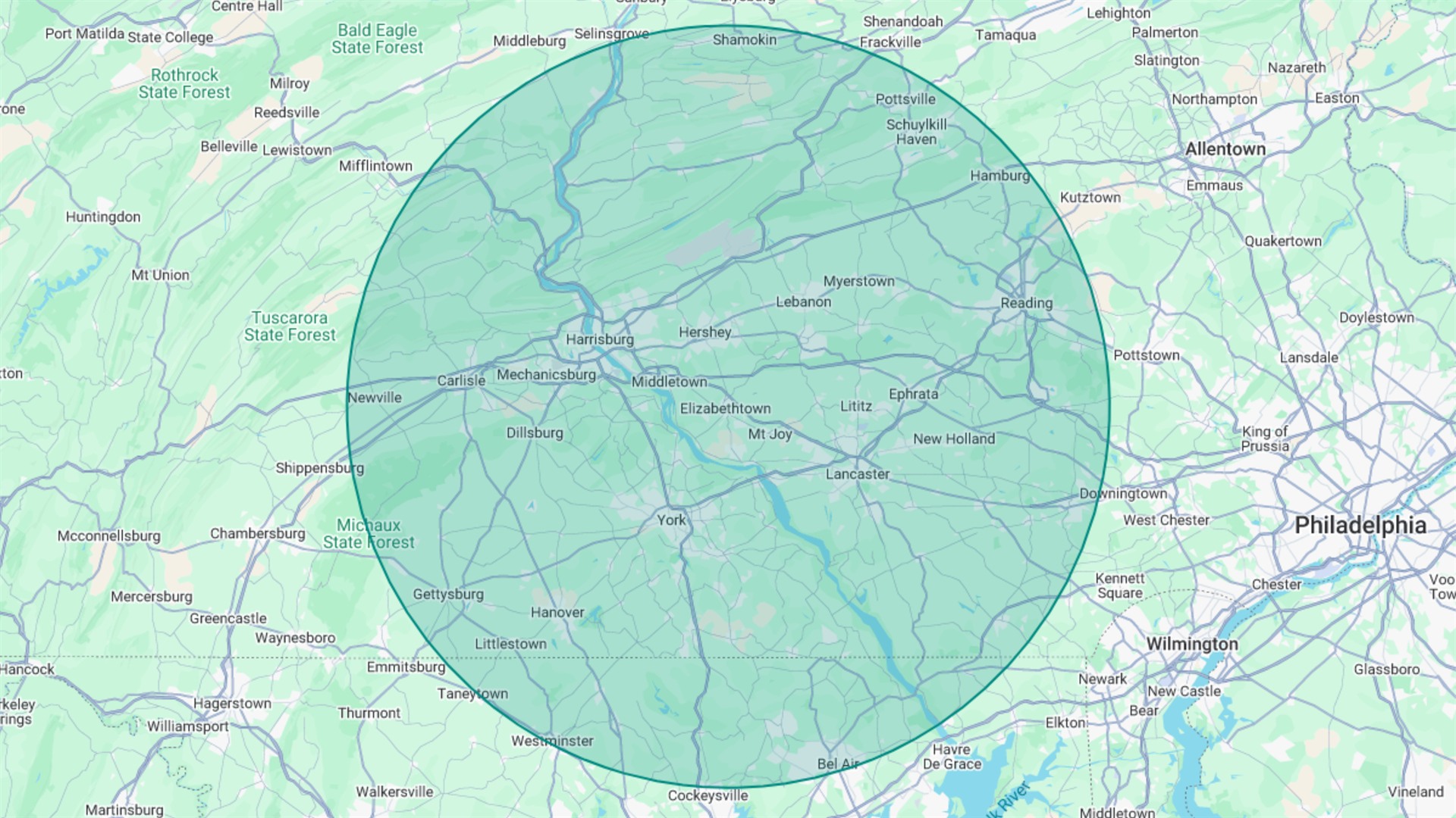 Map showing Susquehanna Snacks & Sips service area across South Central Pennsylvania, including Harrisburg, Lancaster, York, Reading, Carlisle, and Lebanon